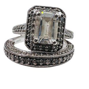 Sterling Silver Bridal Set CZ Engagement Ring Wedding Band Emerald Filigree 7